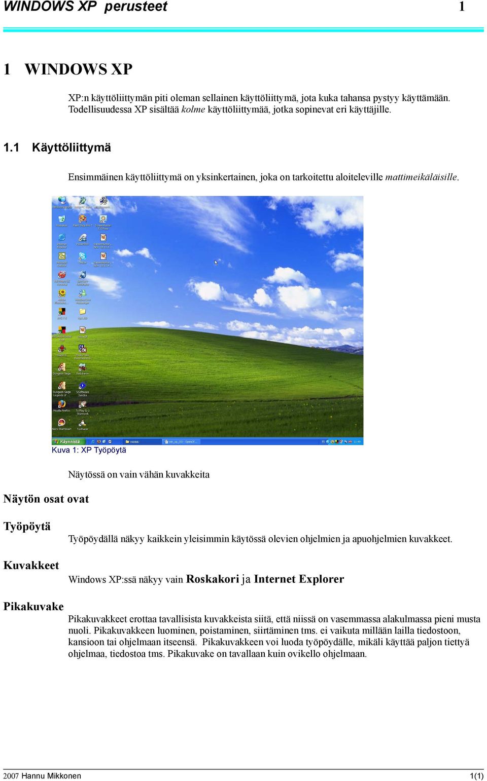 Kuvakkeet Windows XP:ssä näkyy vain Roskakori ja Internet Explorer Pikakuvake Pikakuvakkeet erottaa tavallisista kuvakkeista siitä, että niissä on vasemmassa alakulmassa pieni musta nuoli.