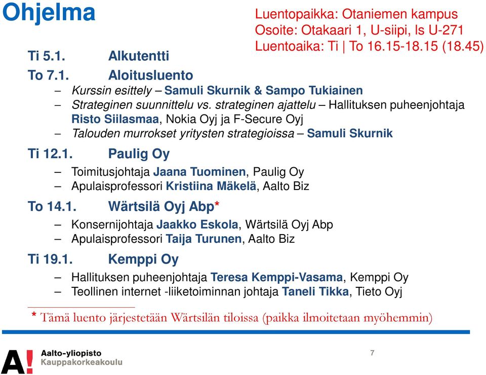 Apulaisprofessori Kristiina Mäkelä, Aalto Biz Wärtsilä Oyj Abp* Konsernijohtaja Jaakko Eskola, Wärtsilä Oyj Abp Apulaisprofessori Taija Turunen, Aalto Biz Kemppi Oy Luentopaikka: Otaniemen kampus