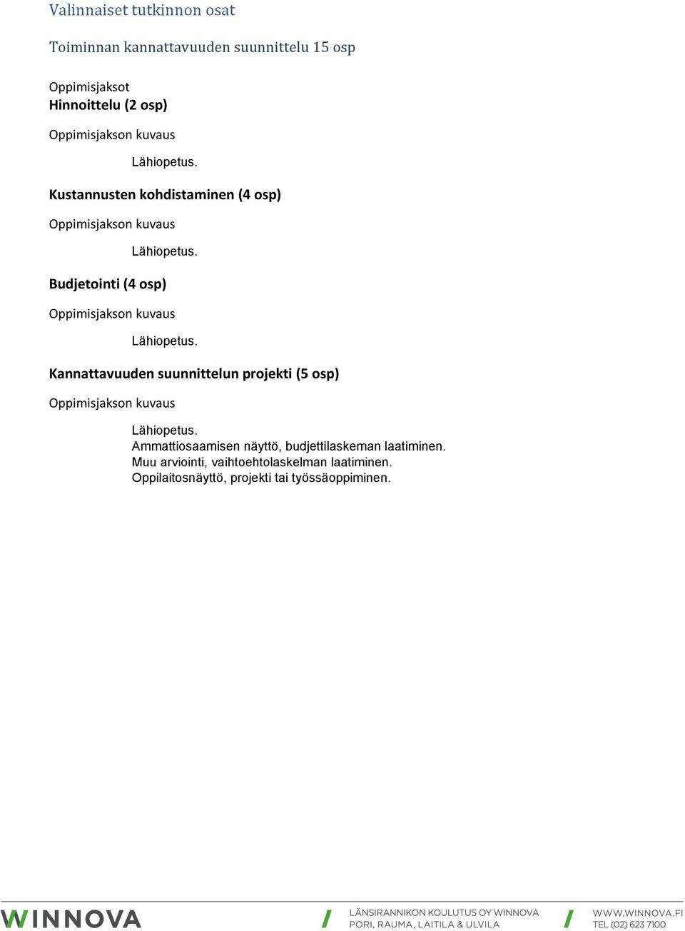 Kannattavuuden suunnittelun projekti (5 osp) Ammattiosaamisen näyttö, budjettilaskeman