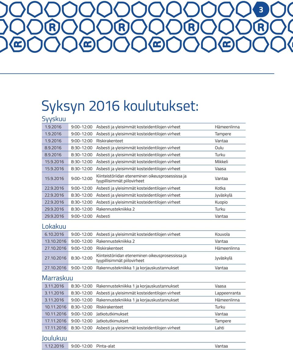 9.2016 8:30-12:00 Rakennustekniikka 2 Turku 29.9.2016 9:00-12:00 Asbesti Vantaa Lokakuu 6.10.2016 9:00-12:00 Kouvola 13.10.2016 9:00-12:00 Rakennustekniikka 2 Vantaa 27.10.2016 9:00-12:00 Riskirakenteet Hämeenlinna 27.