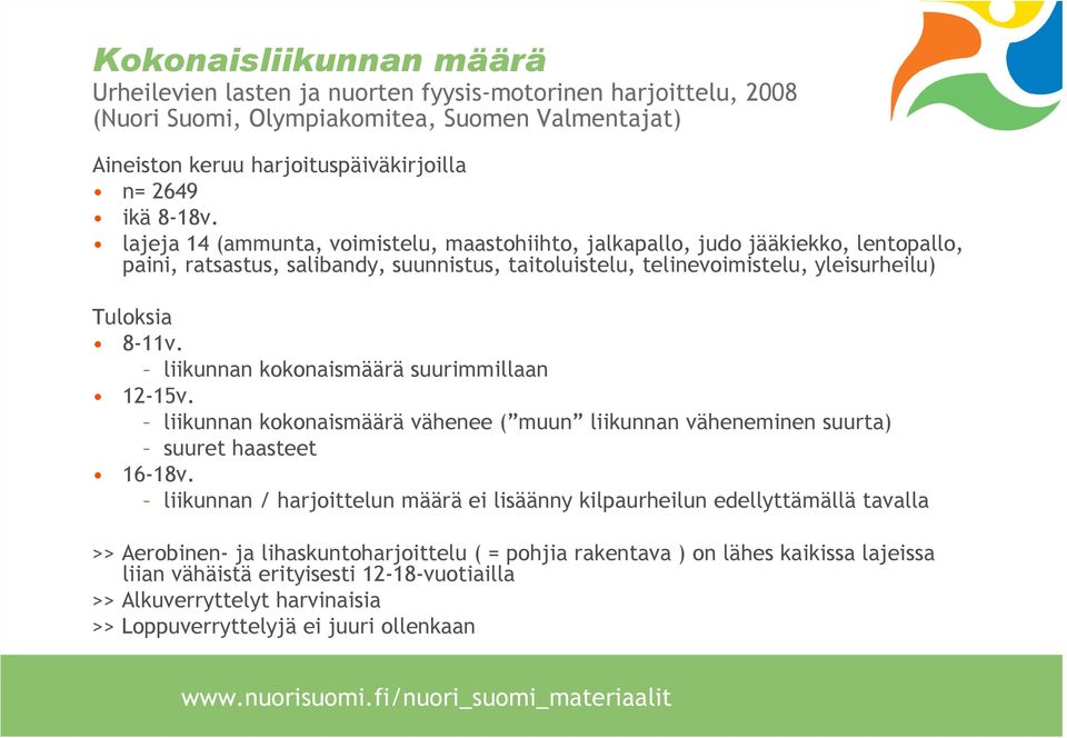 liikunnan kokonaismäärä suurimmillaan 12-15v. liikunnan kokonaismäärä vähenee ( muun liikunnan väheneminen suurta) suuret haasteet 16-18v.