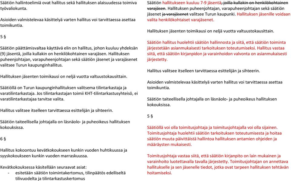 Hallituksen puheenjohtajan, varapuheenjohtajan sekä säätiön jäsenet ja varajäsenet valitsee Turun kaupunginhallitus. Hallituksen jäsenten toimikausi on neljä vuotta valtuustokausittain.