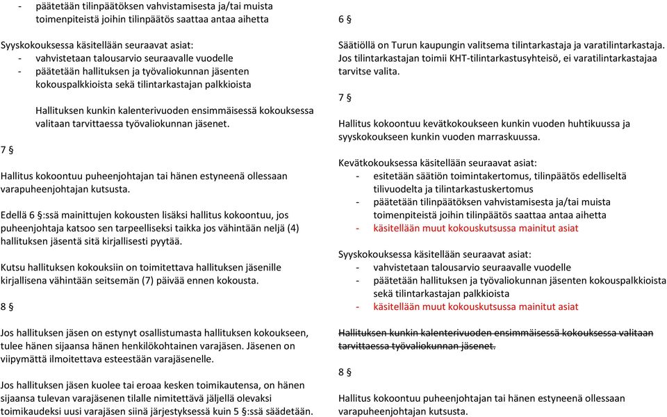 työvaliokunnan jäsenet. Hallitus kokoontuu puheenjohtajan tai hänen estyneenä ollessaan varapuheenjohtajan kutsusta.