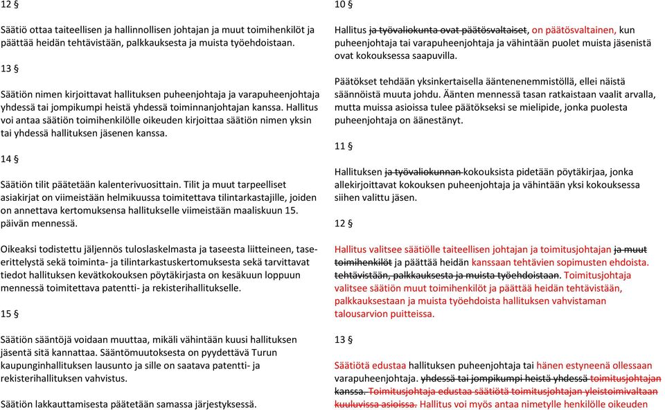 Hallitus voi antaa säätiön toimihenkilölle oikeuden kirjoittaa säätiön nimen yksin tai yhdessä hallituksen jäsenen kanssa. 14 Säätiön tilit päätetään kalenterivuosittain.