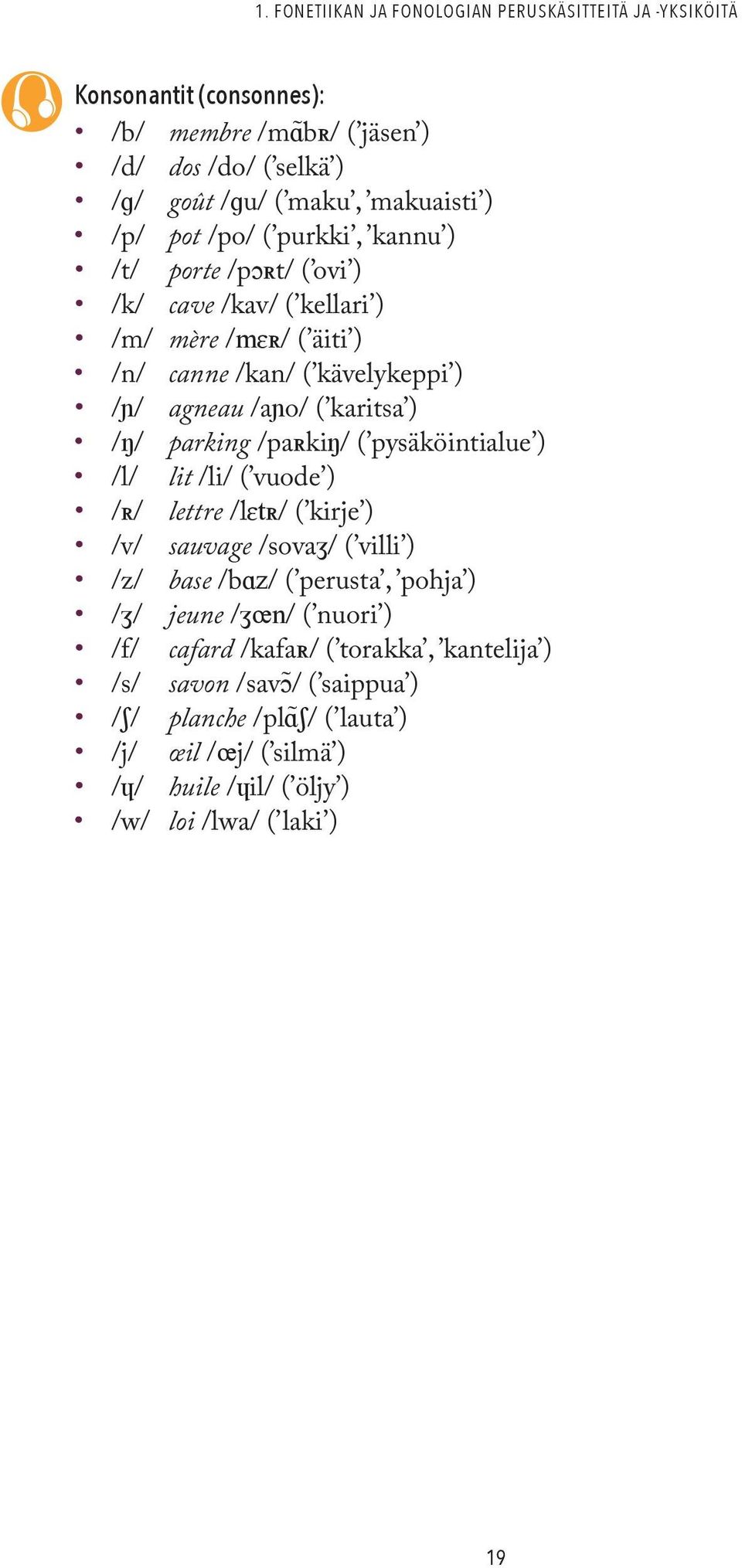 parking /paʀkiŋ/ ( pysäköintialue ) /l/ lit /li/ ( vuode ) /ʀ/ lettre /lɛtʀ/ ( kirje ) /v/ sauvage /sovaʒ/ ( villi ) /z/ base /bɑz/ ( perusta, pohja ) /ʒ/ jeune /ʒœn/ (