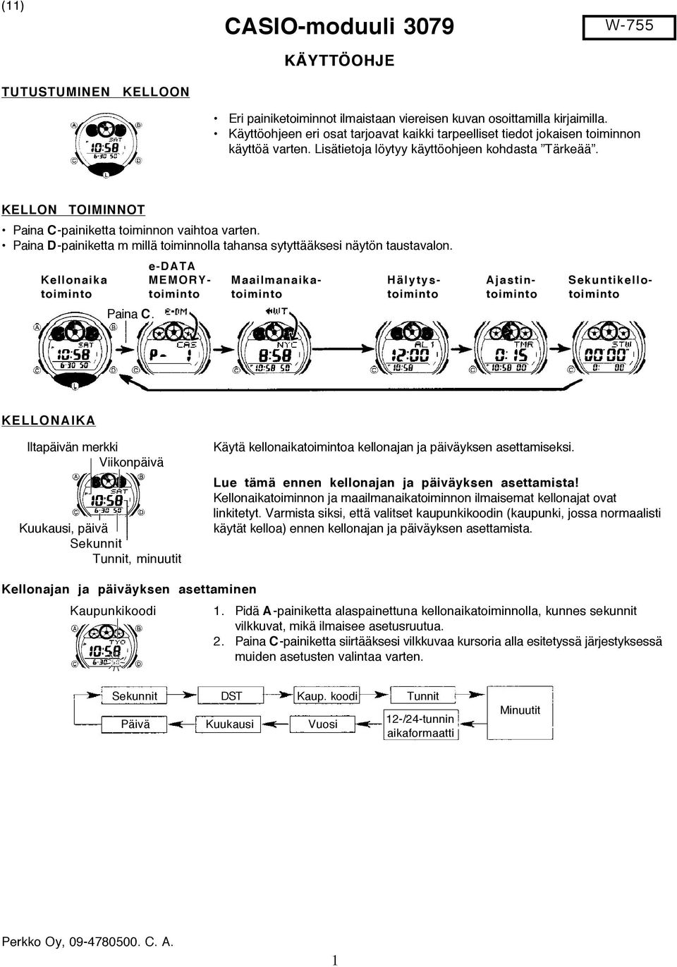 KELLON TOIMINNOT Paina C-painiketta toiminnon vaihtoa varten. Paina D-painiketta m millä toiminnolla tahansa sytyttääksesi näytön taustavalon.