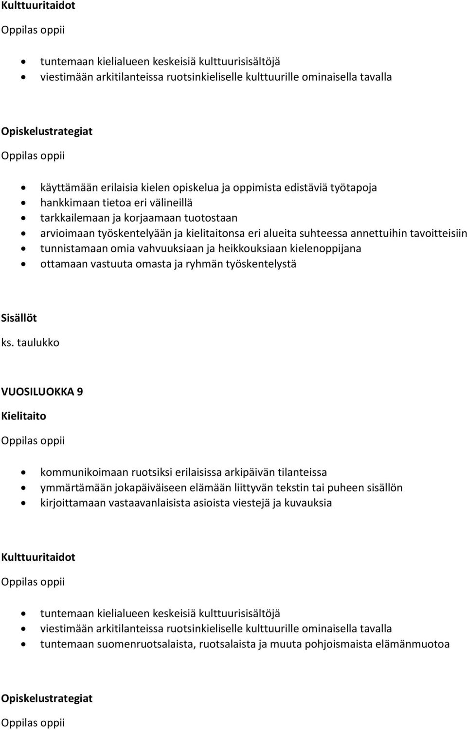 taulukko VUOSILUOKKA 9 kommunikoimaan ruotsiksi erilaisissa arkipäivän tilanteissa ymmärtämään jokapäiväiseen elämään liittyvän tekstin tai puheen sisällön kirjoittamaan vastaavanlaisista