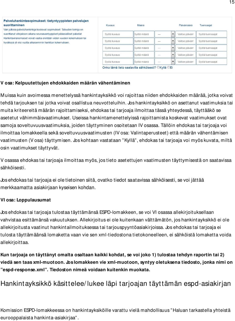 Jos hankintayksikkö on asettanut vaatimuksia tai muita kriteereitä määrän rajoittamiseksi, ehdokas tai tarjoaja ilmoittaa tässä yhteydessä, täyttääkö se asetetut vähimmäisvaatimukset.