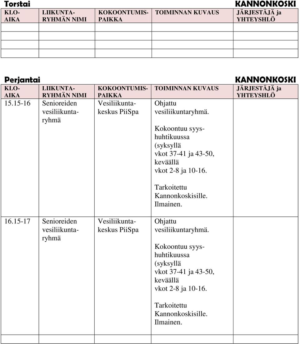 Kokoontuu syyshuhtikuussa (syksyllä vkot 37-41 ja 43-50, keväällä vkot 2-8 ja 10-16. JÄRJESTÄJÄ ja YHTEYSHLÖ Tarkoitettu Kannonkoskisille. Ilmainen. 16.