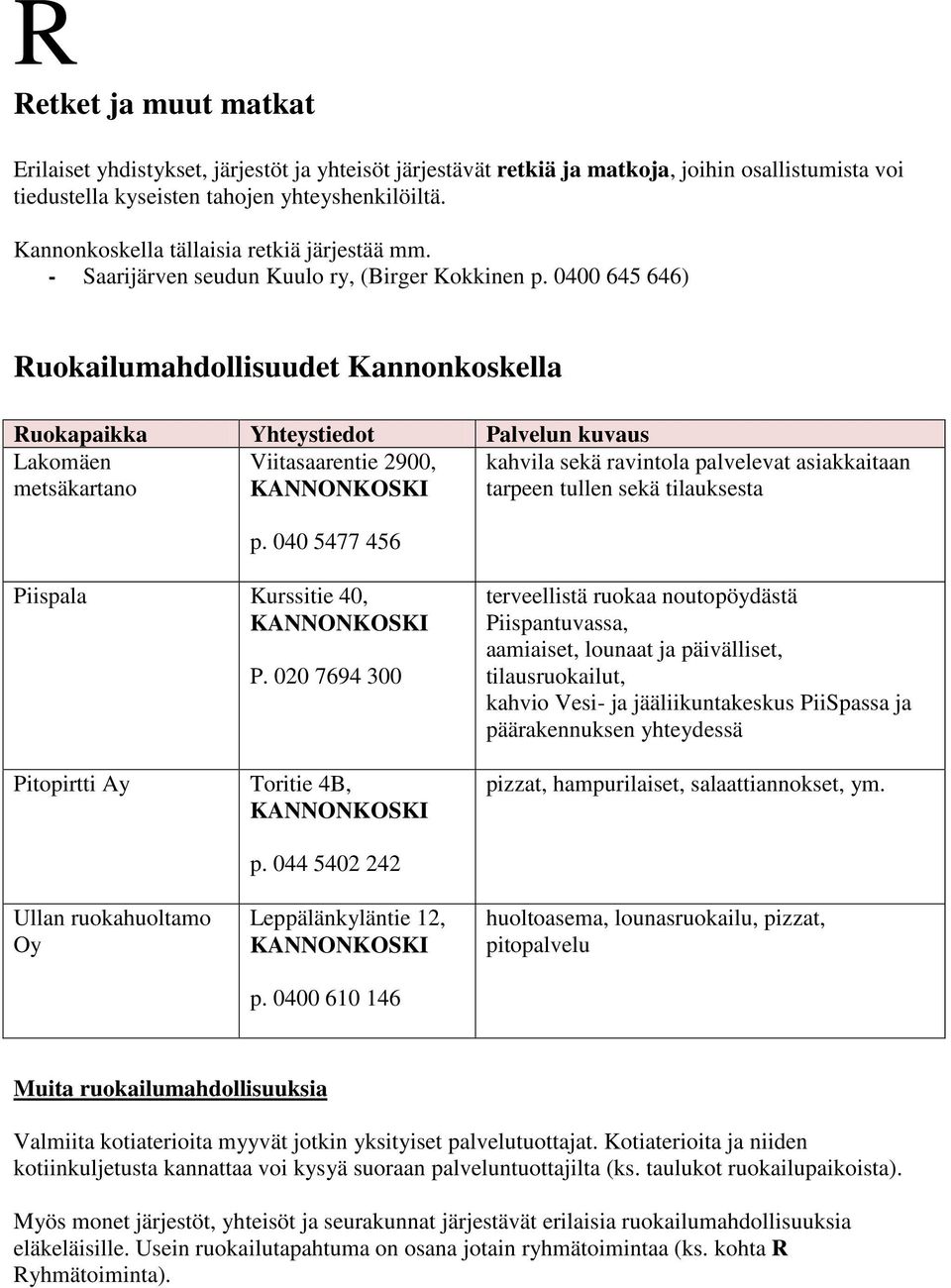 0400 645 646) Ruokailumahdollisuudet Kannonkoskella Ruokapaikka Yhteystiedot Palvelun kuvaus Lakomäen Viitasaarentie 2900, kahvila sekä ravintola palvelevat asiakkaitaan metsäkartano tarpeen tullen