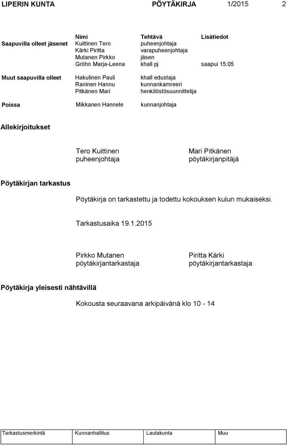 Hannele kunnanjohtaja Allekirjoitukset Tero Kuittinen puheenjohtaja Mari Pitkänen pöytäkirjanpitäjä Pöytäkirjan tarkastus Pöytäkirja on tarkastettu ja todettu kokouksen kulun
