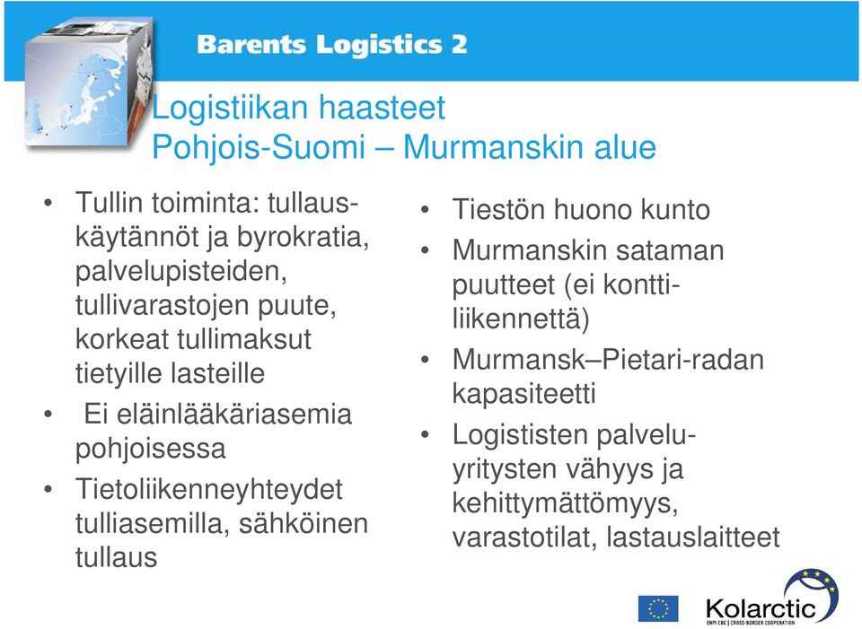 Tietoliikenneyhteydet tulliasemilla, sähköinen tullaus Tiestön huono kunto Murmanskin sataman puutteet (ei