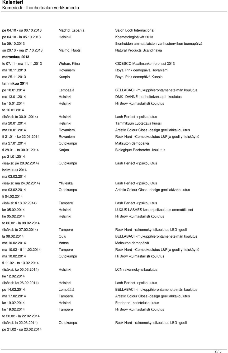 11.2013 Kuopio Royal Pink demopäivä Kuopio tammikuu 2014 pe 10.01.2014 Lempäälä BELLABACI -imukuppihierontamenetelmän koulutus ma 13.01.2014 Helsinki DMK -DANNÉ ihonhoitokonsepti -koulutus ke 15.01.2014 Helsinki Hi Brow -kulmastailisti koulutus to 16.