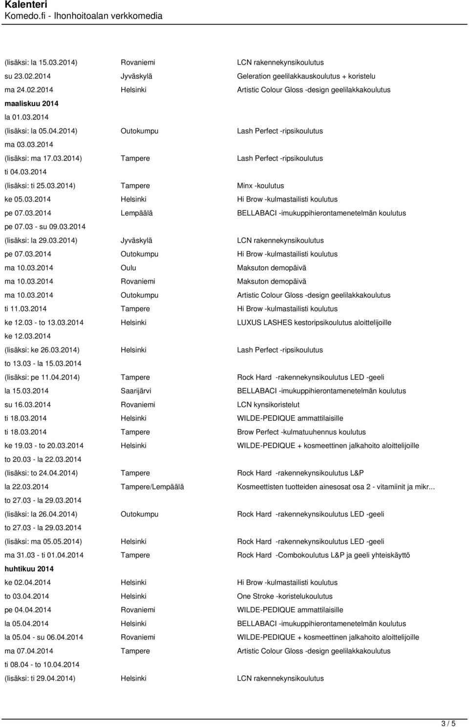 03.2014 Helsinki Hi Brow -kulmastailisti koulutus pe 07.03.2014 Lempäälä BELLABACI -imukuppihierontamenetelmän koulutus pe 07.03 - su 09.03.2014 (lisäksi: la 29.03.2014) Jyväskylä LCN rakennekynsikoulutus pe 07.