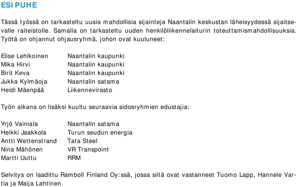 Työtä on ohjannut ohjausryhmä, johon ovat kuuluneet: Elise Lehikoinen Mika Hirvi Birit Keva Jukka Kylmäoja Heidi Mäenpää Naantalin kaupunki Naantalin kaupunki Naantalin kaupunki