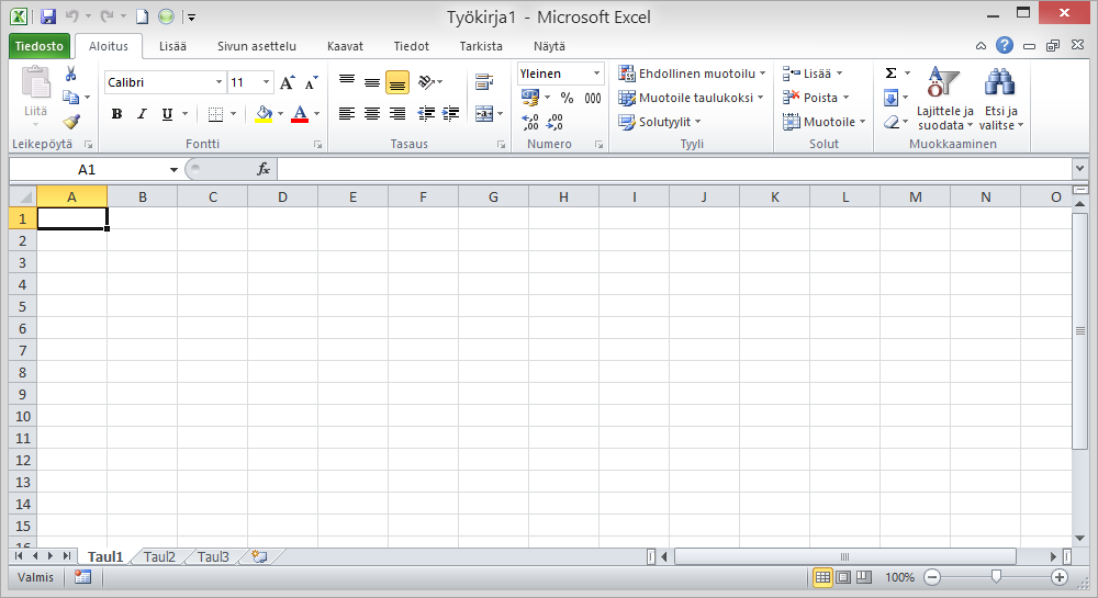 Työskentely-ympäristö 1 (34) 1. Työskentely-ympäristö 1.1. Excel-ohjelmaikkuna Excel 2010 -versiossa käyttöliittymä on suunniteltu tukemaan tehtäväkeskeistä työskentelyä.
