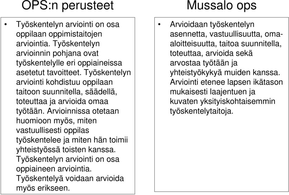 Arvioinnissa otetaan huomioon myös, miten vastuullisesti oppilas työskentelee ja miten hän toimii yhteistyössä toisten kanssa. Työskentelyn arviointi on osa oppiaineen arviointia.