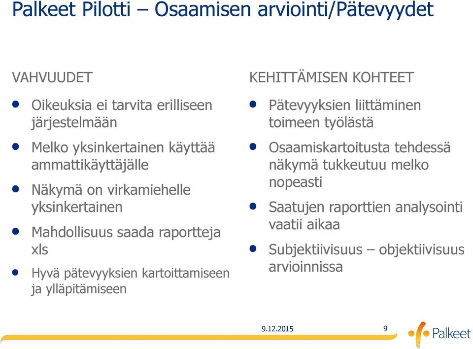 kartoittamiseen ja ylläpitämiseen KEHITTÄMISEN KOHTEET Pätevyyksien liittäminen toimeen työlästä Osaamiskartoitusta tehdessä