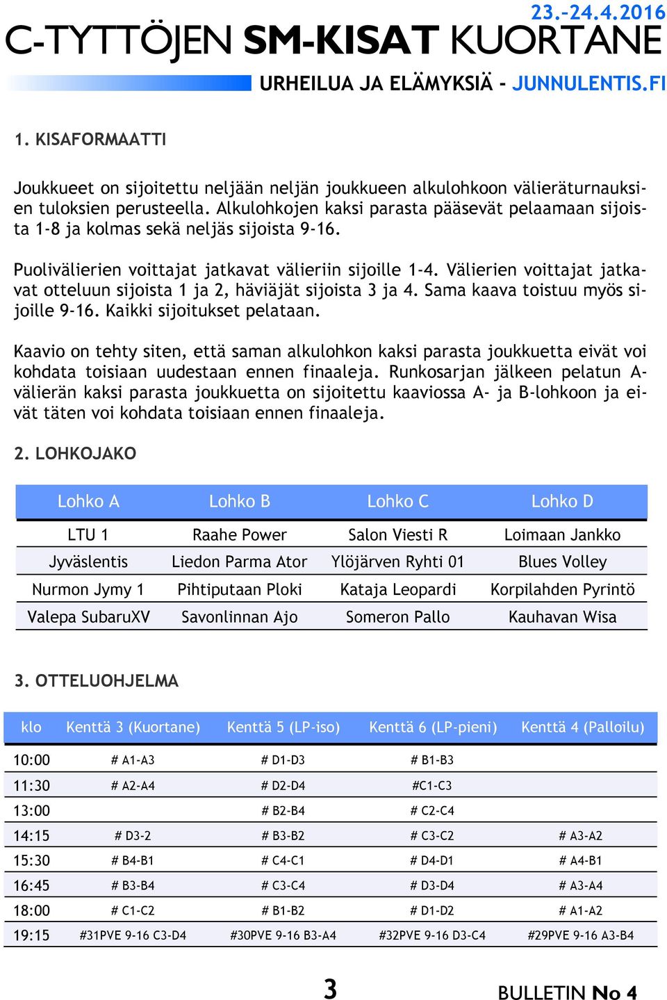 Välierien voittajat jatkavat otteluun sijoista 1 ja 2, häviäjät sijoista 3 ja 4. Sama kaava toistuu myös sijoille 9-16. Kaikki sijoitukset pelataan.