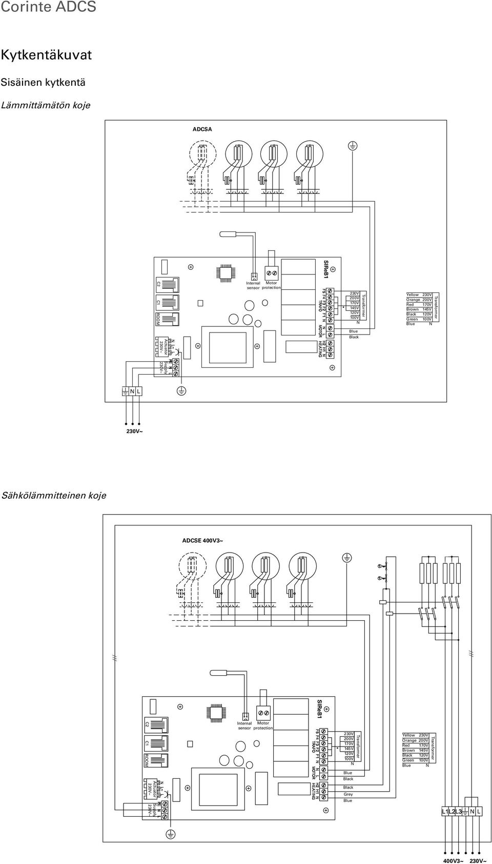Supply N L Sähkölämmitteinen koje ADCSE 400V3~ SIReB1 C2 C1 ROOM Internal Motor sensor protection 230V 200V  Grey Supply
