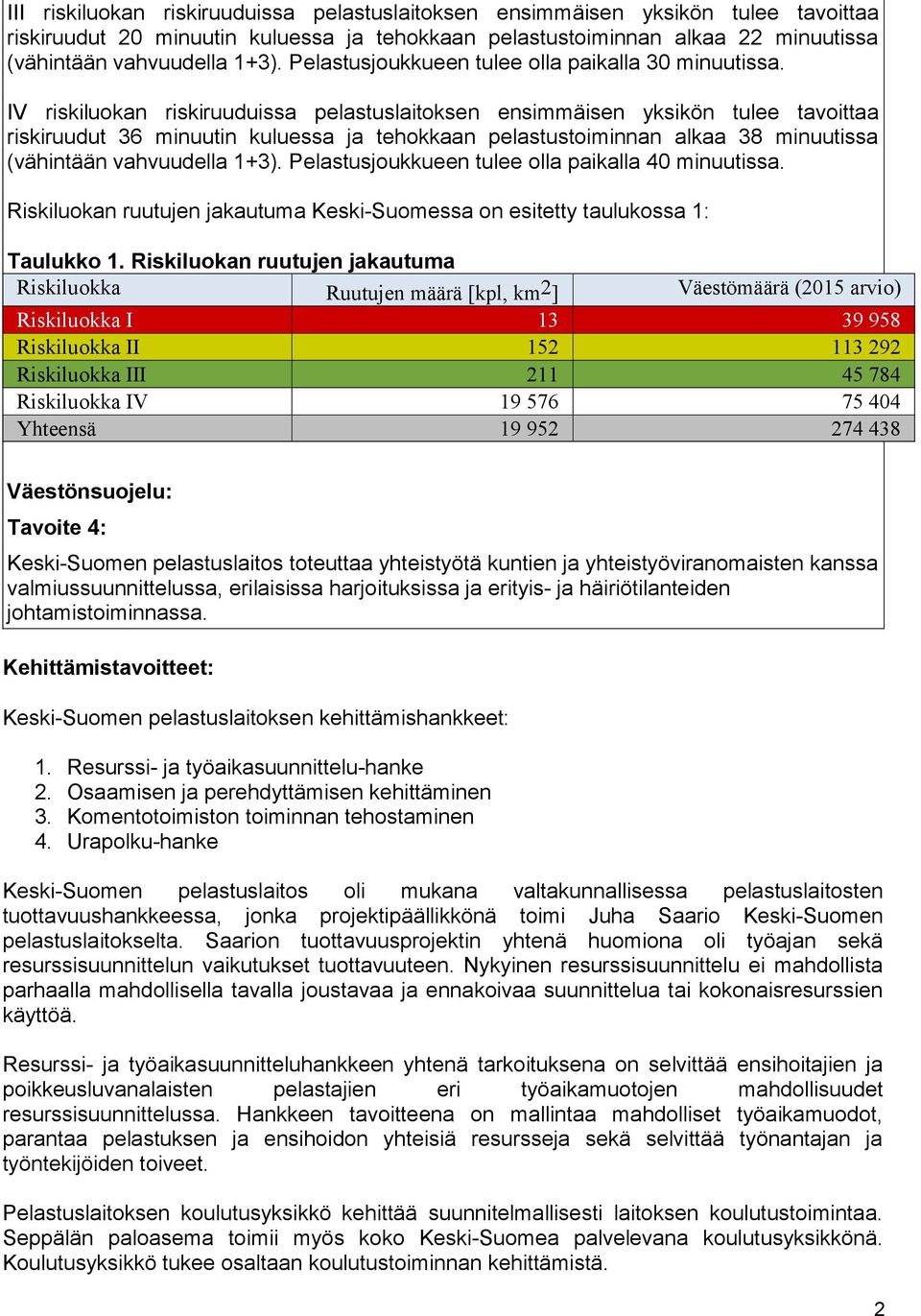 IV riskiluokan riskiruuduissa pelastuslaitoksen ensimmäisen yksikön tulee tavoittaa riskiruudut 36 minuutin kuluessa ja tehokkaan pelastustoiminnan alkaa 38 minuutissa (vähintään vahvuudella 1+3).