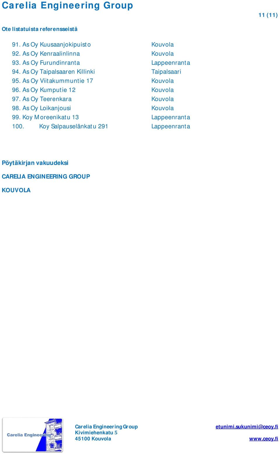 As Oy Viitakummuntie 17 Kouvola 96. As Oy Kumputie 12 Kouvola 97. As Oy Teerenkara Kouvola 98.