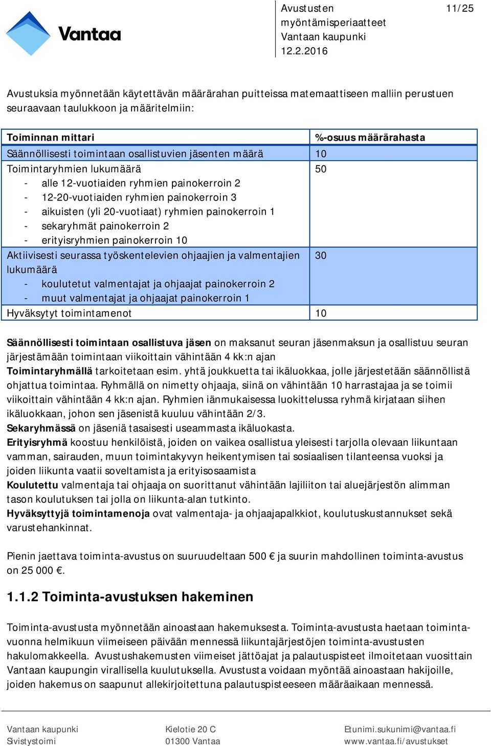 sekaryhmät painokerroin 2 - erityisryhmien painokerroin 10 Aktiivisesti seurassa työskentelevien ohjaajien ja valmentajien 30 lukumäärä - koulutetut valmentajat ja ohjaajat painokerroin 2 - muut