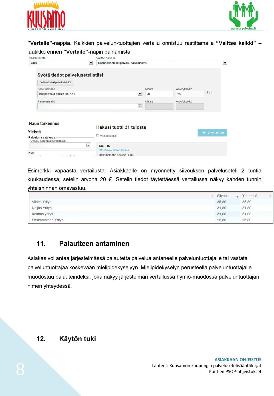 Setelin tiedot täytettäessä vertailussa näkyy kahden tunnin yhteishinnan omavastuu. 11.