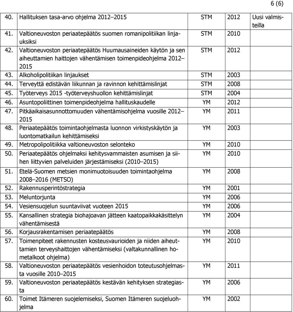 Terveyttä edistävän liikunnan ja ravinnon kehittämislinjat STM 2008 45. Työterveys 2015 -työterveyshuollon kehittämislinjat STM 2004 46.