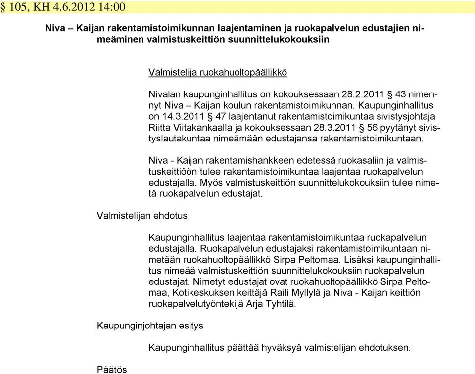 Nivalan kaupunginhallitus on kokouksessaan 28.2.2011 43 nimennyt Niva Kaijan koulun rakentamistoimikunnan. Kaupunginhallitus on 14.3.2011 47 laajentanut rakentamistoimikuntaa sivistysjohtaja Riitta Viitakankaalla ja kokouksessaan 28.
