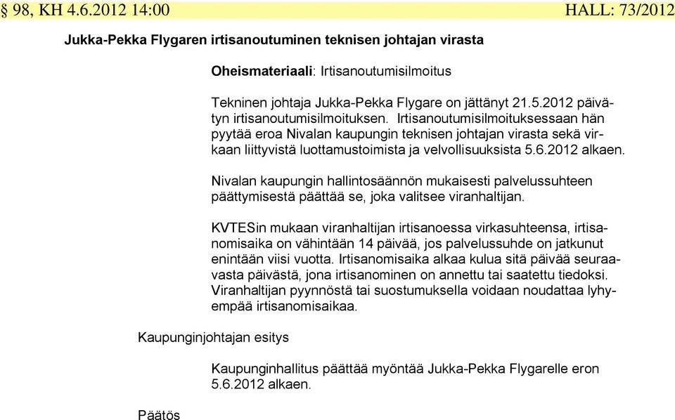 2012 alkaen. Nivalan kaupungin hallintosäännön mukaisesti palvelussuhteen päättymisestä päättää se, joka valitsee viranhaltijan.