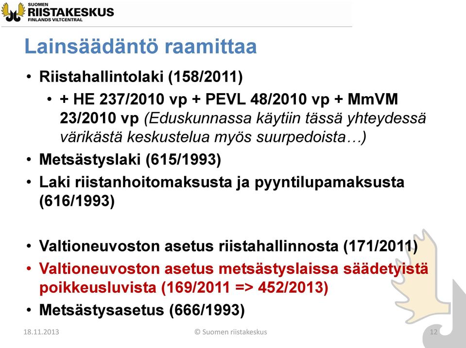 riistanhoitomaksusta ja pyyntilupamaksusta (616/1993) Valtioneuvoston asetus riistahallinnosta (171/2011)