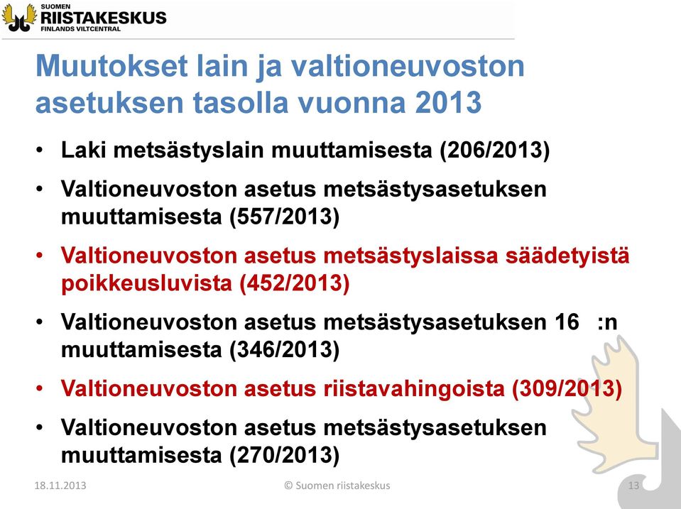 poikkeusluvista (452/2013) Valtioneuvoston asetus metsästysasetuksen 16 :n muuttamisesta (346/2013) Valtioneuvoston