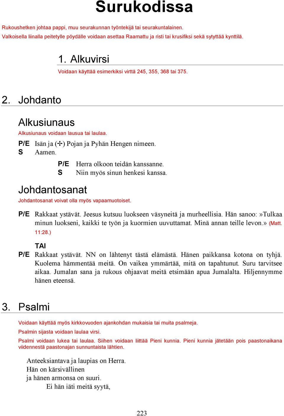 5, 355, 368 tai 375. 2. Johdanto Alkusiunaus Alkusiunaus voidaan lausua tai laulaa. P/E Isän ja ( ) Pojan ja Pyhän Hengen nimeen. P/E Herra olkoon teidän kanssanne. S Niin myös sinun henkesi kanssa.