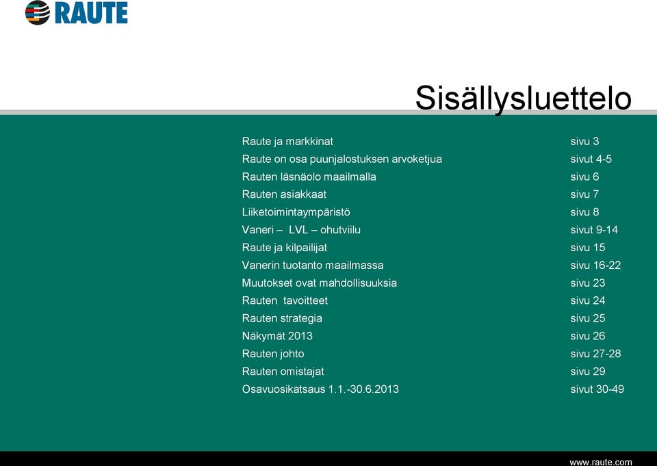 15 Vanerin tuotanto maailmassa sivu 16-22 Muutokset ovat mahdollisuuksia sivu 23 Rauten tavoitteet sivu 24 Rauten
