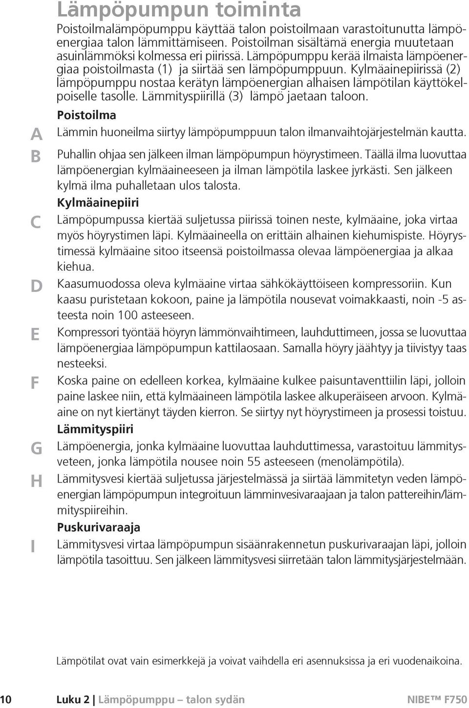 Kylmäainepiirissä (2) lämpöpumppu nostaa kerätyn lämpöenergian alhaisen lämpötilan käyttökelpoiselle tasolle. Lämmityspiirillä (3) lämpö jaetaan taloon.
