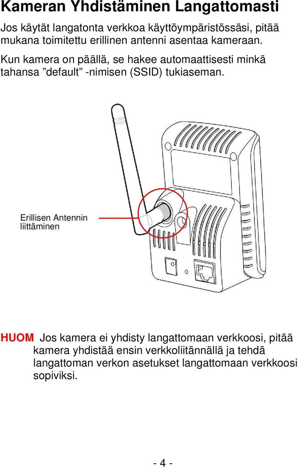 Kun kamera on päällä, se hakee automaattisesti minkä tahansa default -nimisen (SSID) tukiaseman.