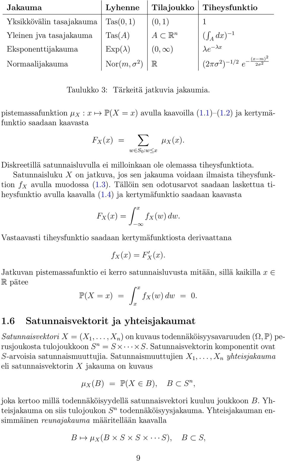 w S 0 :w x Diskreetillä satunnaisluvulla ei milloinkaan ole olemassa tiheysfunktiota. Satunnaisluku X on jatkuva, jos sen jakauma voidaan ilmaista tiheysfunktion f X avulla muodossa (1.3).