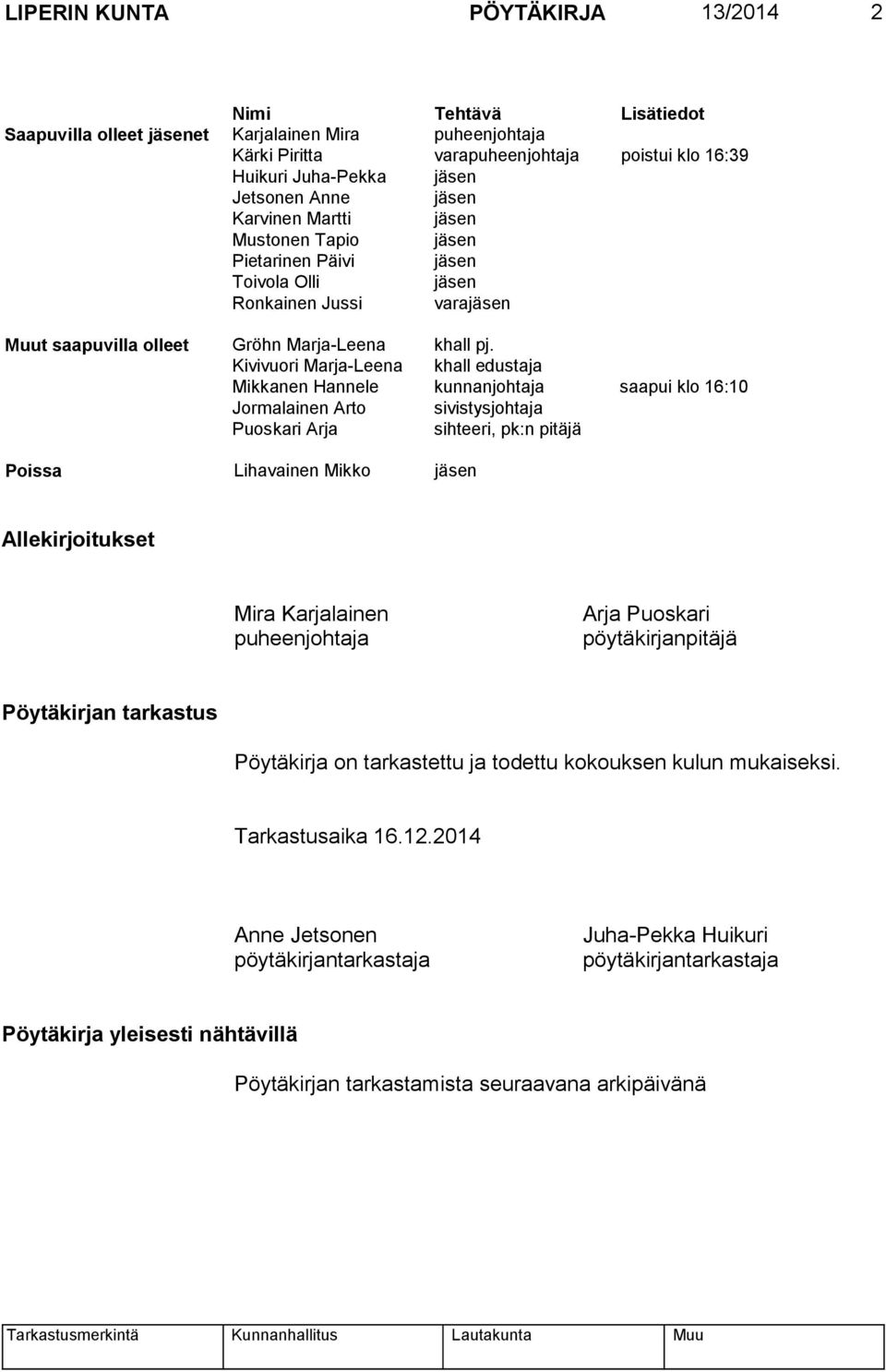 Kivivuori Marja-Leena khall edustaja Mikkanen Hannele kunnanjohtaja saapui klo 16:10 Jormalainen Arto sivistysjohtaja Puoskari Arja sihteeri, pk:n pitäjä Poissa Lihavainen Mikko jäsen