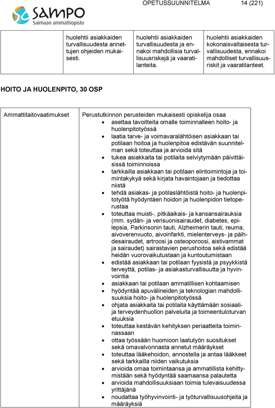 HOITO JA HUOLENPITO, 30 OSP Ammattitaitovaatimukset Perustutkinnon perusteiden mukaisesti opiskelija osaa asettaa tavoitteita omalle toiminnalleen hoito- ja huolenpitotyössä laatia tarve- ja