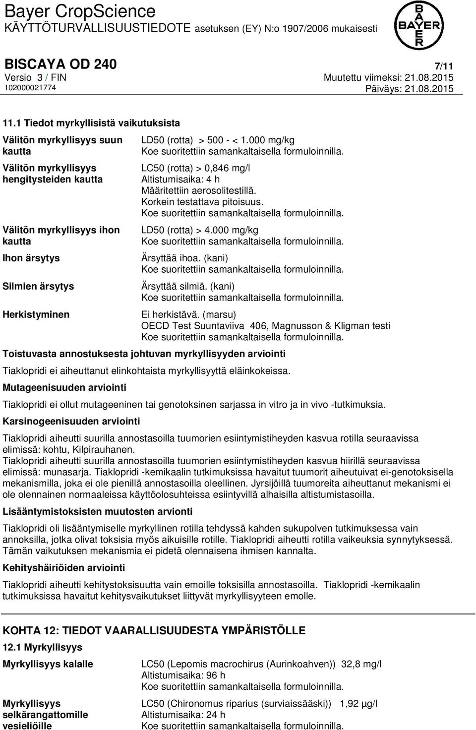 (rotta) > 500 - < 1.000 mg/kg LC50 (rotta) > 0,846 mg/l Altistumisaika: 4 h Määritettiin aerosolitestillä. Korkein testattava pitoisuus. LD50 (rotta) > 4.000 mg/kg Ärsyttää ihoa.