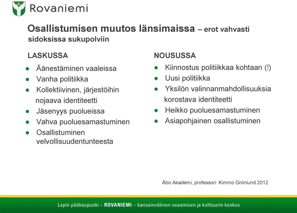 Osallistuminen velvollisuudentunteesta Kiinnostus politiikkaa kohtaan (!