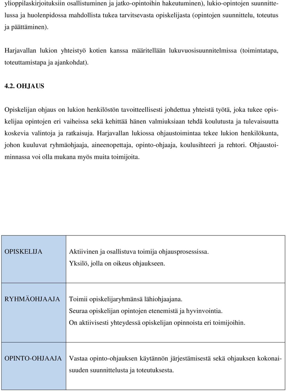 OHJAUS Opiskelijan ohjaus on lukion henkilöstön tavoitteellisesti johdettua yhteistä työtä, joka tukee opiskelijaa opintojen eri vaiheissa sekä kehittää hänen valmiuksiaan tehdä koulutusta ja