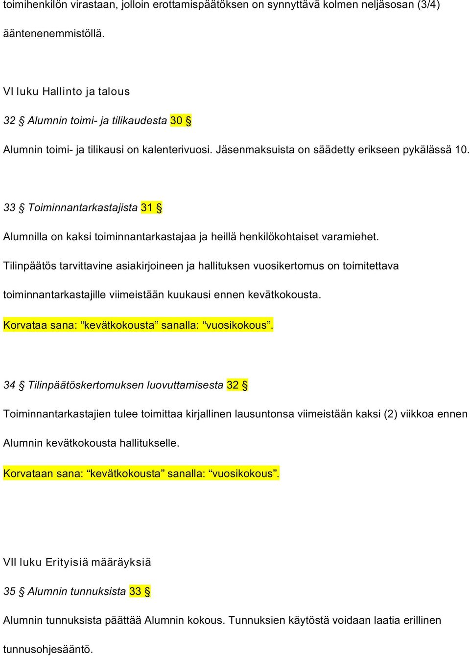 33 Toiminnantarkastajista 31 Alumnilla on kaksi toiminnantarkastajaa ja heillä henkilökohtaiset varamiehet.