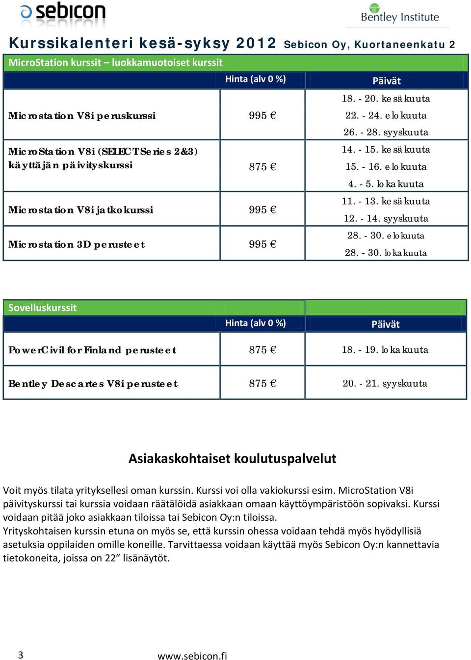 - 5. lokakuuta 11. - 13. kesäkuuta 12. - 14. syyskuuta 28. - 30. elokuuta 28. - 30. lokakuuta Sovelluskurssit Hinta (alv 0 %) Päivät PowerCivil for Finland perusteet 875 18. - 19.