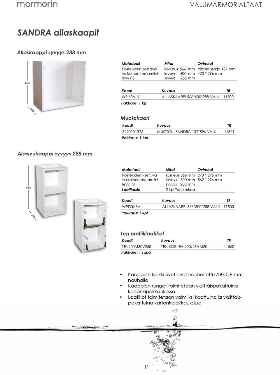 11321 Alasivukaappi syvyys 288 mm 566 Materiaali Mitat Ovimitat Kosteuden kestävä valkoinen melamiinilevy P3 Laatikosto korkeus 566 mm leveys 300 mm syvyys 288 mm 2 kpl Ten korkea 278 * 296 mm 562 *