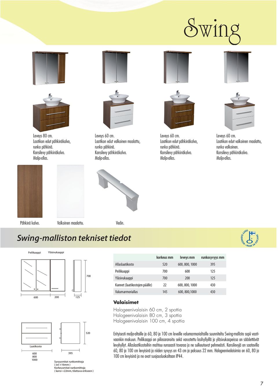 Swing-malliston tekniset tiedot Peilikaappi Yläsivukaappi korkeus mm leveys mm runkosyvyys mm Allaslaatikosto 520 600, 800, 1000 395 700 Peilikaappi 700 600 125 Yläsivukaappi 700 200 125 Kannet