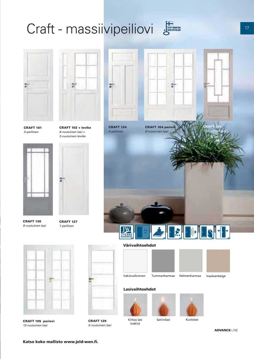 2 EI Värivaihtoehdot Vakiovalkoinen Tummanharmaa Helmenharmaa Vaaleanbeige Lasivaihtoehdot CRAFT 105 pariovi