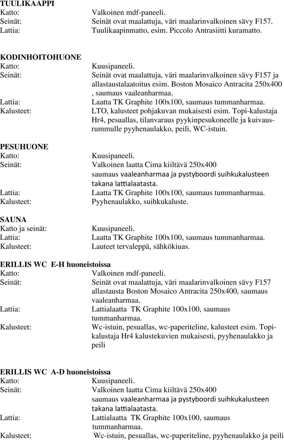 LTO, kalusteet pohjakuvan mukaisesti esim. Topi-kalustaja Hr4, pesuallas, tilanvaraus pyykinpesukoneelle ja kuivausrummulle pyyhenaulakko, peili, WC-istuin. Kuusipaneeli.