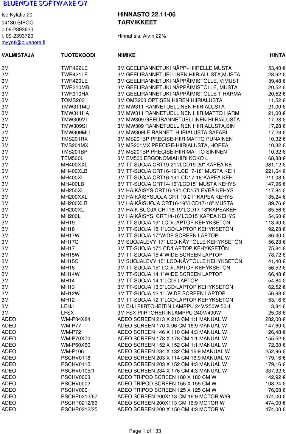 HARMA 20,52 3M TOMS203 3M OMS203 OPTISEN HIIREN HIIRIALUSTA 11,52 3M TMW311MU 3M MW311 RANNETUELLINEN HIIRIALUSTA 21,00 3M TMW311HA 3M MW311 RANNETUELLINEN HIIRIMATTO HARM 21,00 3M TMW309VI 3M MW309